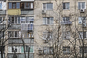 The solar battery panels mounted on the balcony of an apartment building in Kyiv, Ukraine. April 2021