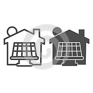 Solar battery with sun and house line and solid icon, smart home symbol, solar panels batteries and green energy vector