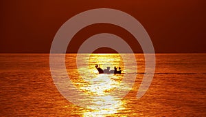 boat ran over the surface of the sea at sunrise. silhouette of small boat photo