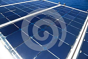 Solar Cell Generated Electrical Power by Sun Light, Closeup of Blue Photovoltaic Solar Panels, Green Energy for Safe World,