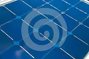 Solar Cell Generated Electrical Power by Sun Light, Closeup of Blue Photovoltaic Solar Panels, Green Energy for Safe World