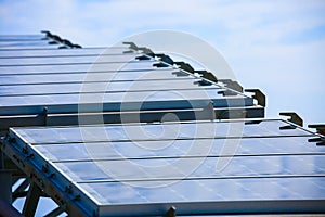 Solar Cell Generated Electrical Power by Sun Light, Closeup of Blue Photovoltaic Solar Panels, Green Energy for Safe World