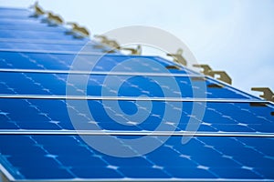 Solar Cell Generated Electrical Power by Sun Light, Closeup of Blue Photovoltaic Solar Panels, Green Energy for Safe World