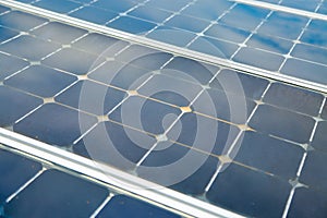 Solar Cell Generated Electrical Power by Sun Light, Closeup of Blue Photovoltaic Solar Panels, Green Energy for Safe World