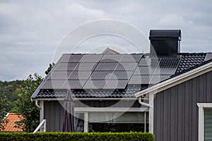 Solar cell panels installed on the roof of a house..