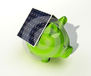 A solar cell is on a pink piggy bank on white background 3d Rendering