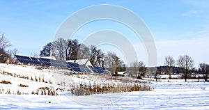 Solar cells Photoelectric cells on a bright, sunny, frosty winter day in the countryside. photo