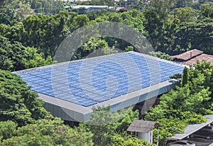 Solar cells or photovoltaics installing on roof factory turn up skyward absorb the sunlight from the sun