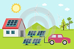 Solar cells on the roof with wind turbines generating electricity in hybrid power plant systems station. alternative renewable ene