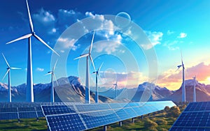 solar cells with wind turbines generating electricity in hybrid power plant systems station, alternative renewable energy, Ecology