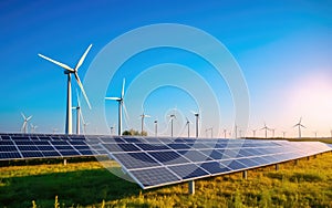 solar cells with wind turbines generating electricity in hybrid power plant systems station, alternative renewable energy, Ecology