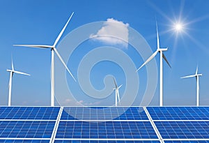 solar cells and wind turbines generating electricity in power station alternative renewable energy from nature