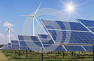 Solar cells and wind turbines in power station alternative renewable energy from nature