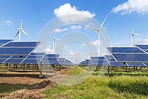 Solar cells and wind turbines in power station alternative renewable energy from nature