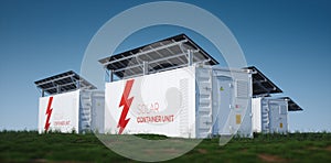 Solar container unit. 3d rendering concept of a white industrial battery energy storage container with mounted black solar panels