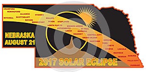 2017 Solar Eclipse Across Nebraska Cities Map vector Illustration