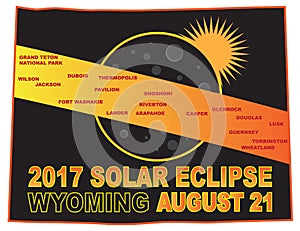 2017 Solar Eclipse Across Wyoming Cities Map vector Illustration photo