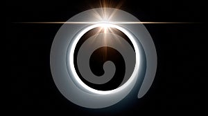 A solar eclipse with a bright corona and radiant flare, creating a dramatic celestial scene against a dark sky.