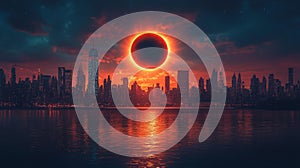Solar Eclipse Creating Dramatic Light Over City Skyline at Sunset