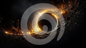 solar eclipse disk on black night sky, dark background with black hole wormhole