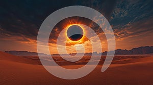 Solar Eclipse Over a Vast Desert with Dramatic Lighting and Shadows