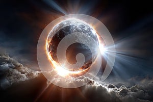 Celestial event showcases a breathtaking solar eclipse surrounded by dynamic clouds
