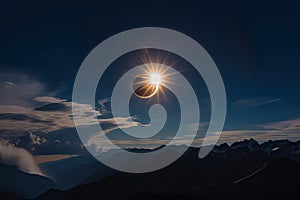 solar eclipse, with the moon blocking out the sun in dramatic display