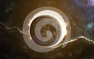 Solar eclipse. The moon covers the Sun, solar system. Science fiction art. Elements of the image were furnished by NASA photo