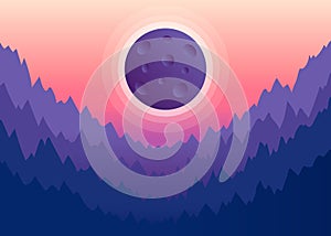 Solar eclipse in nature with mountain. Moon shading sun. Eclipse phase with formation total umbra. Vector