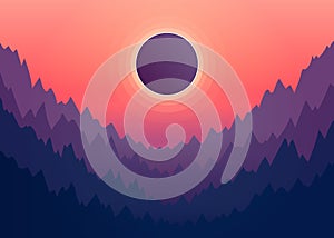 Solar eclipse in nature with mountain. Moon shading sun. Eclipse phase with formation total umbra. Vector