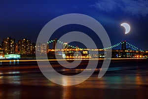 Solar eclipse, New York NY august 21 2017Williamsburg bridge at dusk spanning the East River