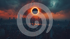 Solar Eclipse Over City Skyline at Dusk with Dramatic Lighting photo