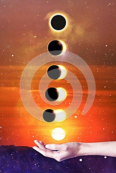 ,Solar  eclipse phases, full eclipse, universe,  sky background