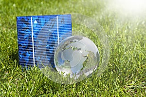 Solar energy cells with glas globe and miniature house in green grass