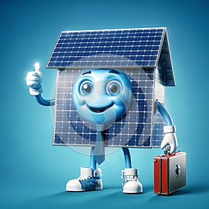 Solar energy character with thumbs up 3d render on blue background, generative ai