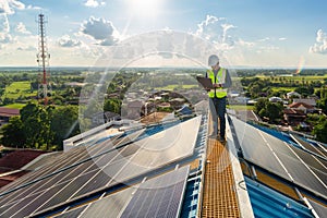 A Solar energy engineer using laptop for check power station, Maintenance solar roof, solar power