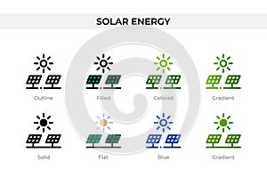 Solar energy icon in different style. Solar energy vector icons designed in outline, solid, colored, filled, gradient, and flat