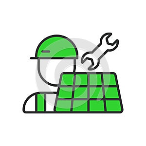 Solar Energy Installation and Maintenance icon in line design, green. Solar, installation, system, isolated on white