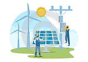 Solar Energy Installation, Panel or Wind Turbine Maintenance Illustration with Home Service Team to Electricity Network Operation