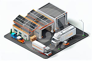 Solar energy logistic Warehouse centre with doors for semi truck loading. Company business cargo transport delivery buildings.