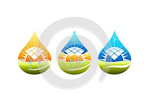 Solar energy logo, windmill symbol, pumb water power icon and natural electric concept design