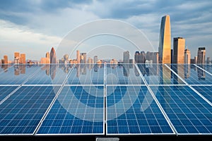 Solar energy panel with city twilight