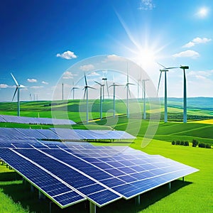 Solar energy panel photovoltaic cell and wind turbine farm power generator in nature