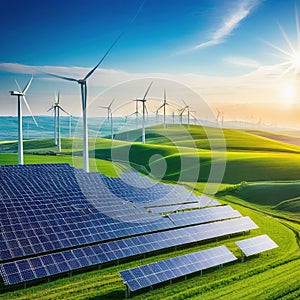 Solar energy panel photovoltaic cell and wind turbine farm power generator in nature