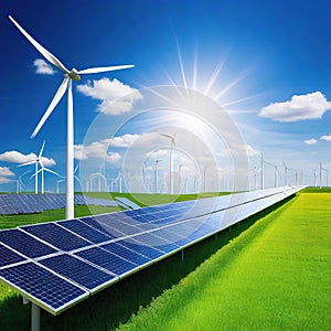 Solar energy panel photovoltaic cell and wind turbine farm power generator in nature