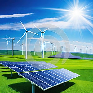 Solar energy panel photovoltaic cell and wind turbine farm power generator in nature