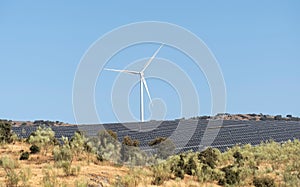 Solar energy panel photovoltaic cell and wind turbine farm power generator in nature landscape.