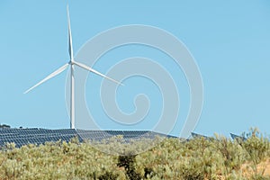 Solar energy panel photovoltaic cell and wind turbine farm power generator in nature landscape.