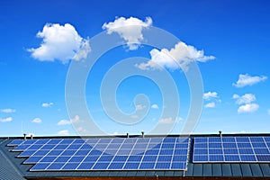 Solar energy panel on the roof of the house in the background blue sky.