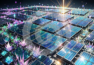 Slnečné energia panely na z noc mesto.  trojrozmerný obraz vytvorený pomocou počítačového modelu 